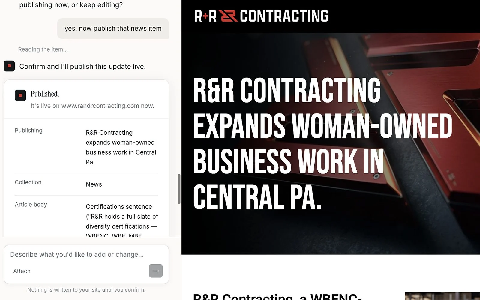 An approver asks the Envoy assistant to publish a news story; it asks for confirmation, then reports the page is live.
