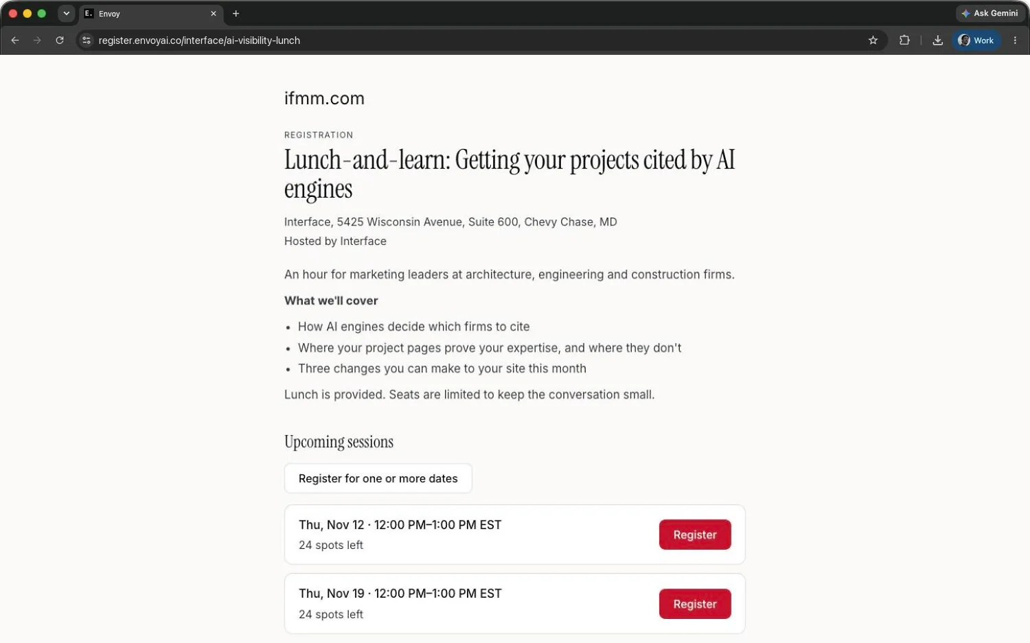 A sign-up page in Interface's brand for a lunch-and-learn, from Interface's demo workspace.