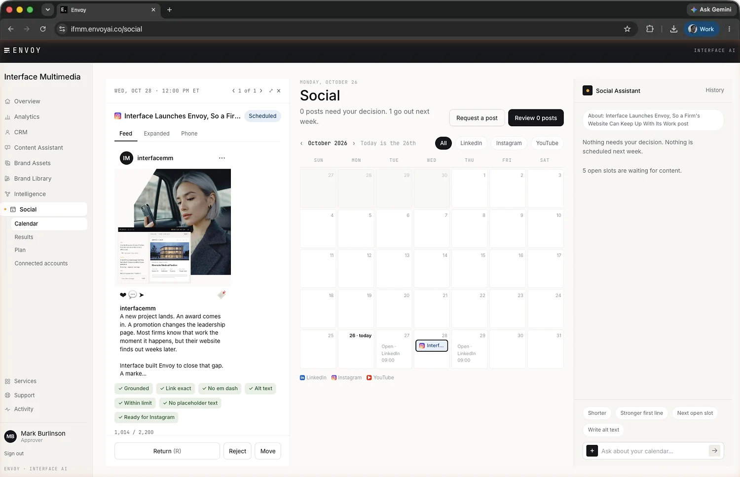 Interface's Envoy Social calendar with an Instagram post open for review beside the Social assistant.