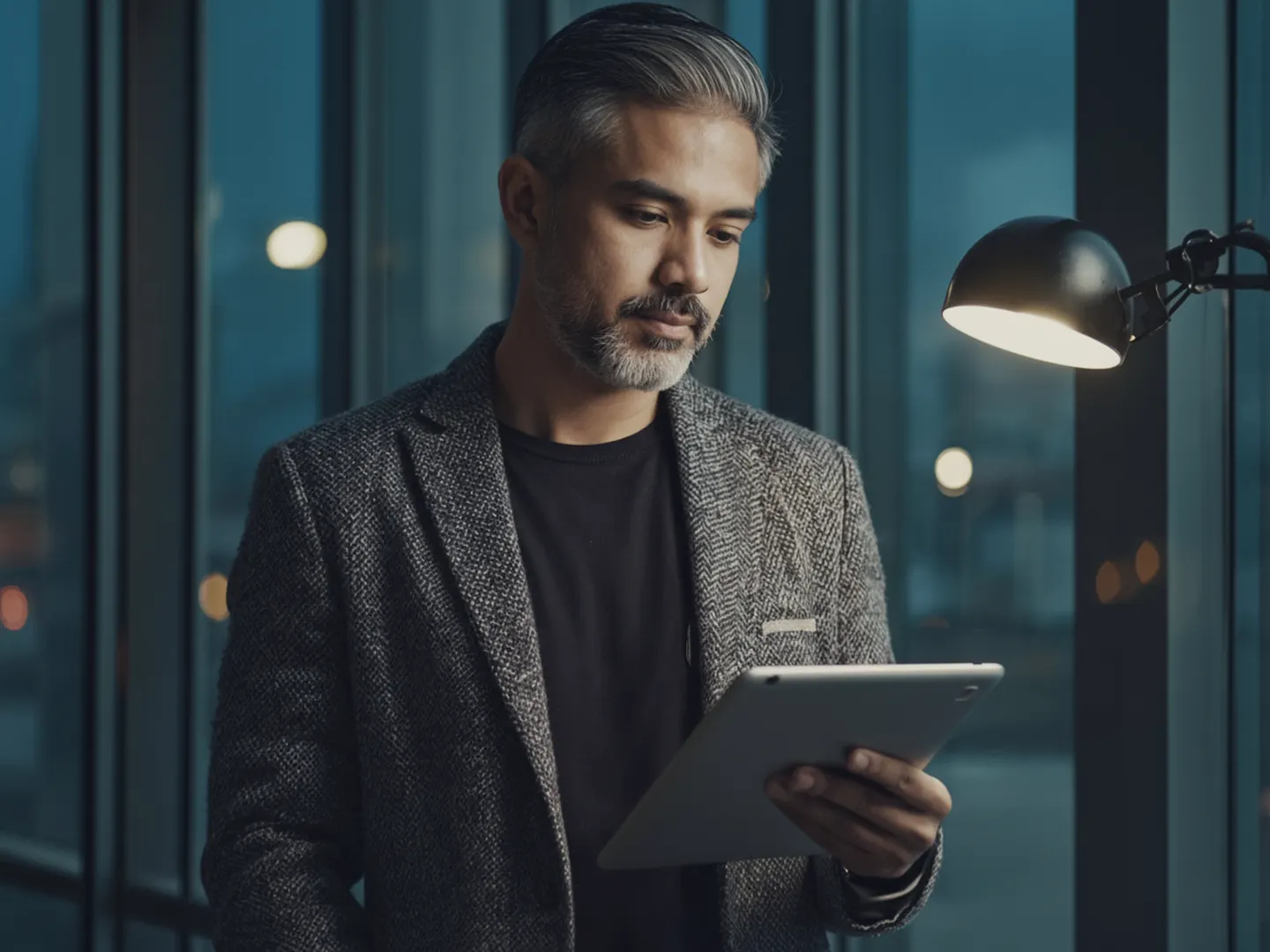 A director of brand approves a draft on a tablet at an office window at night.