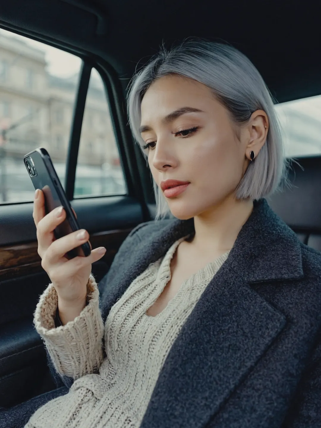 A marketing director reads her phone in the back seat of a car.